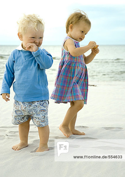Zwei Kleinkinder am Strand stehend