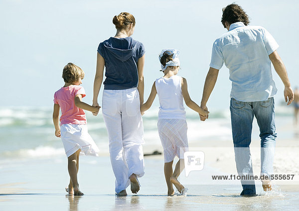Family walking on beach  rear view  full length