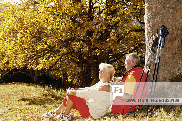 Seniorenpaar auf der Wiese sitzend  Mann auf Baum gelehnt  Seitenansicht