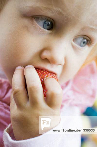 Small girl eating a strawberry