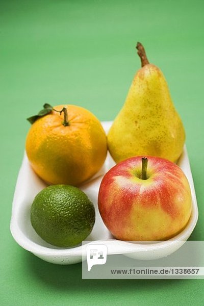 Orange  Birne  Limette und Apfel im Styroporbehälter