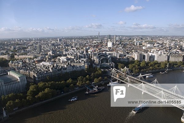 Aerial view of bridge across river  Hungerford Bridge  Thames River  London  England
