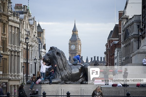Lion statue with clock tower in background  Big Ben  Houses Of Parliament  City Of Westminster  London  England