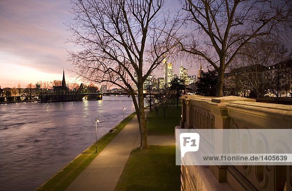 Bare trees and path along river at dusk  Alte Bruecke  Frankfurt  Germany