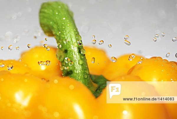 Nahaufnahme of Waterdrops auf gelbe Paprika