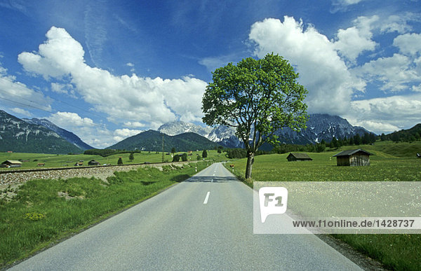 Germany  Bavaria  Mittenwald  mountains and country road