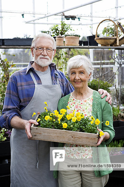 An elderly Scandinavian couple in a greenhouse Sweden.