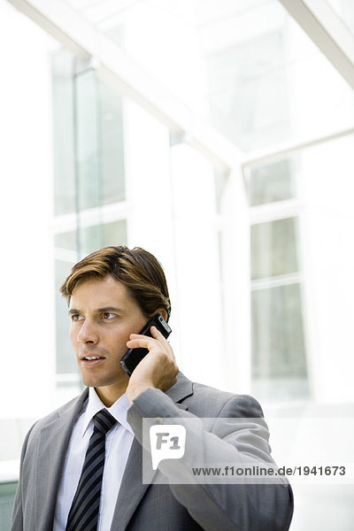 Businessman using cell phone  looking away  head and shoulders