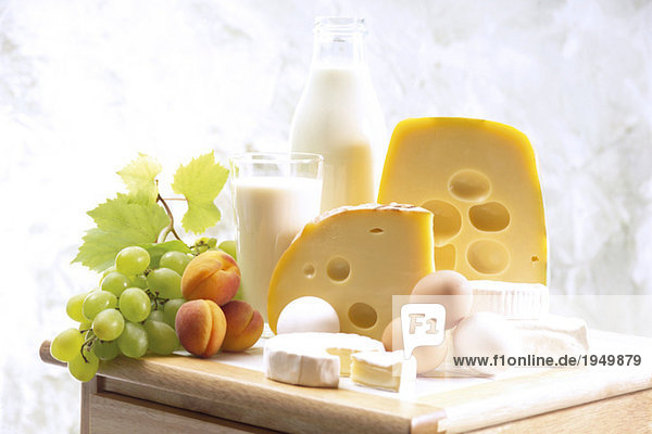 Foodstill with cheese eggs and milk Foodstill with cheese, eggs and milk