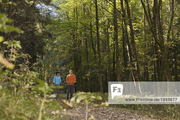 Couple nordic walking in forest