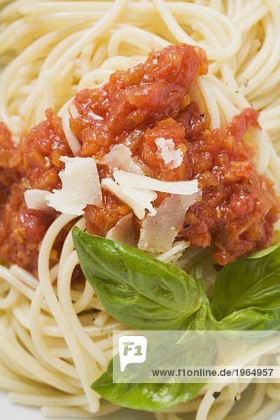 Spaghetti mit Tomatensauce  Basilikum und Parmesan