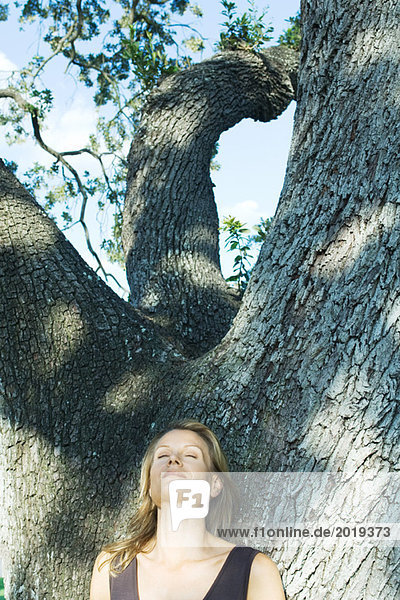 Blonde Frau an Baum gelehnt  Augen geschlossen  Blickwinkel niedrig