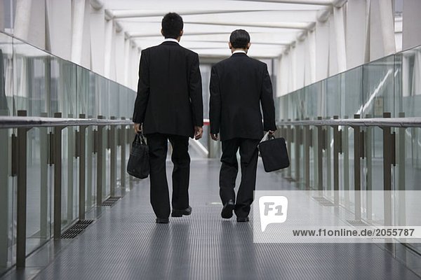 Two businessmen walking along a corridor