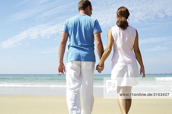 Rear view of couple holding each other's hands on beach