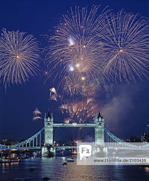 Travel. United Kingdom. England. London. Tower Bridge with fireworks.