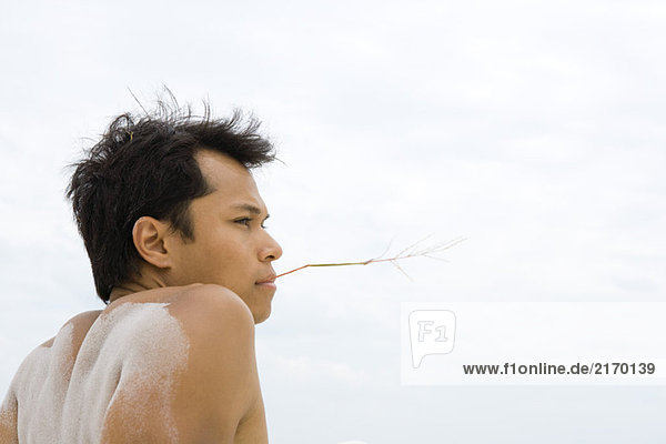 Mann mit Sand auf dem Rücken  der ein Stück Stroh im Mund hält  Profil