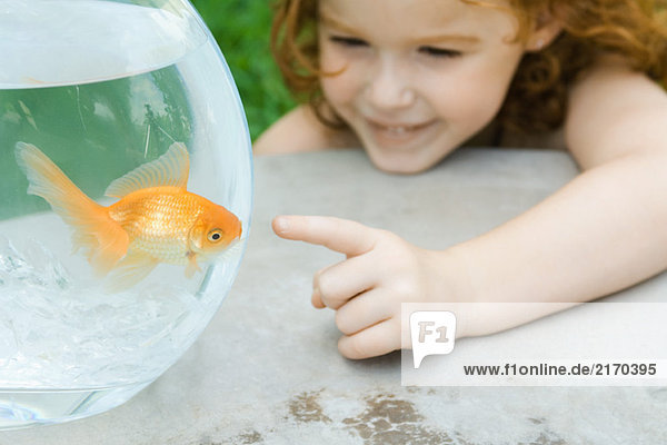 Mädchen zeigt auf Fisch im Goldfischglas