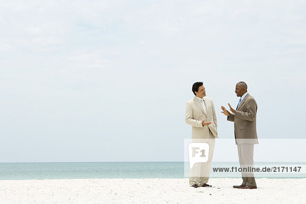 Zwei Geschäftsleute  die am Strand stehen und sich unterhalten.