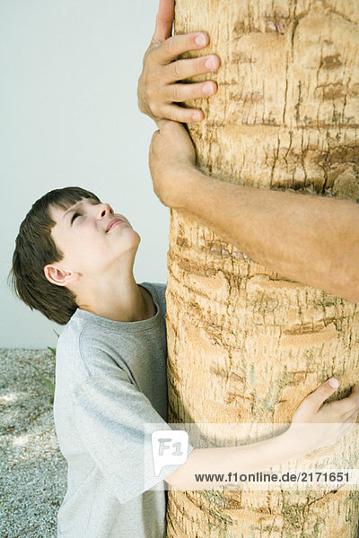 Boy and man hugging tree  cropped view
