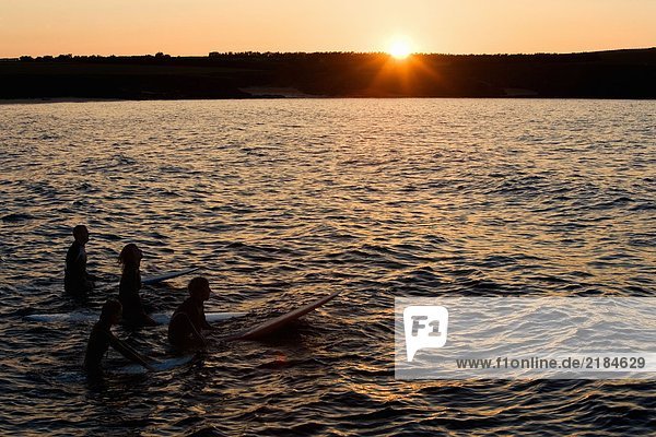Vier Leute sitzen auf Surfbrettern im Wasser.