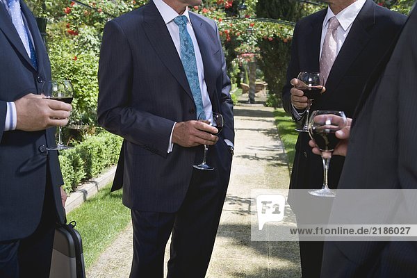 Vier Geschäftsleute trinken Wein in einem Garten