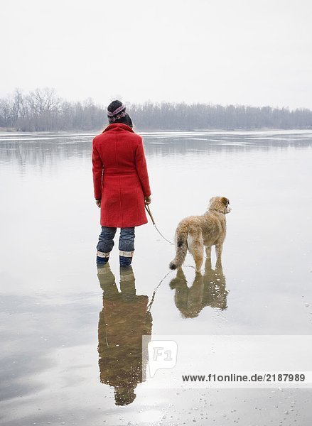 Junge Frau im Fluss stehend mit Hund an der Leine  Rückansicht