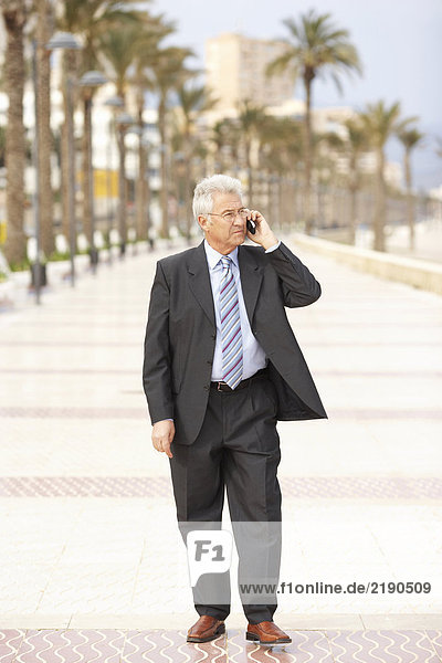 Senior Geschäftsmann mit Handy auf der Strandpromenade