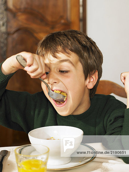 Boy (6-8) eating cereal at breakfast