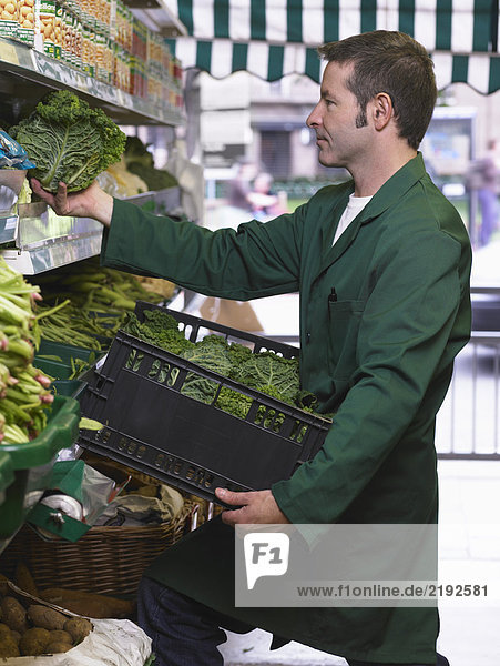 Grocer filling shelves with vegetables