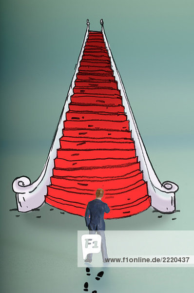 Geschäftsmann-Figur vor roter Treppe