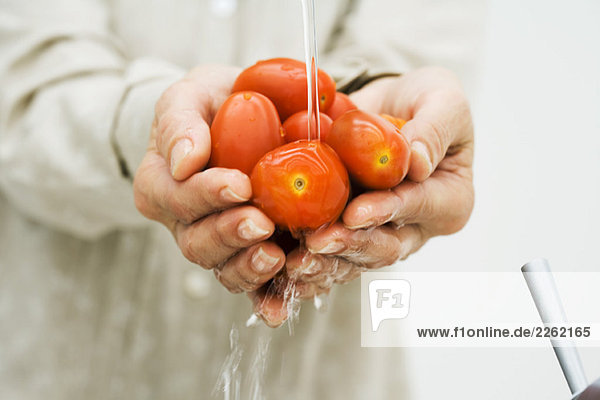 Frau wäscht eine Handvoll Tomaten unter dem Wasserhahn  abgeschnittene Ansicht der Hände  Nahaufnahme