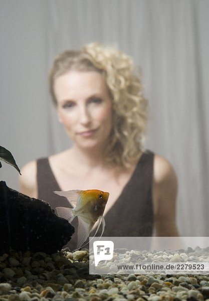 Eine mittlere erwachsene Frau im Rücken eines Heimaquariums mit einem Süßwasser-Kaiserfisch