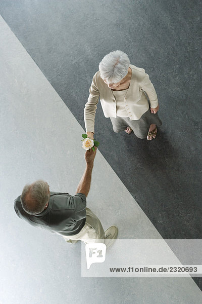 Couple standing on divided black and white floor  man handing woman rose  viewed from directly above