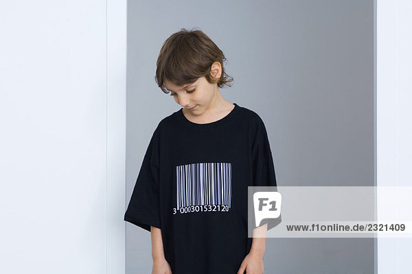 Boy wearing tee-shirt with bar code