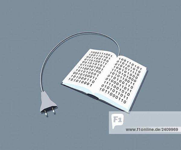 Ein Stromkabel  das mit einem Buch mit Binärcode verbunden ist.