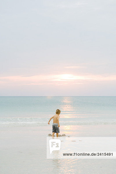 Kleiner Junge spielt am Strand bei Sonnenuntergang  Rückansicht  volle Länge