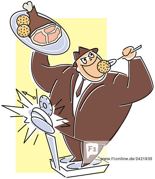 Man on scales eating roast and dumplings