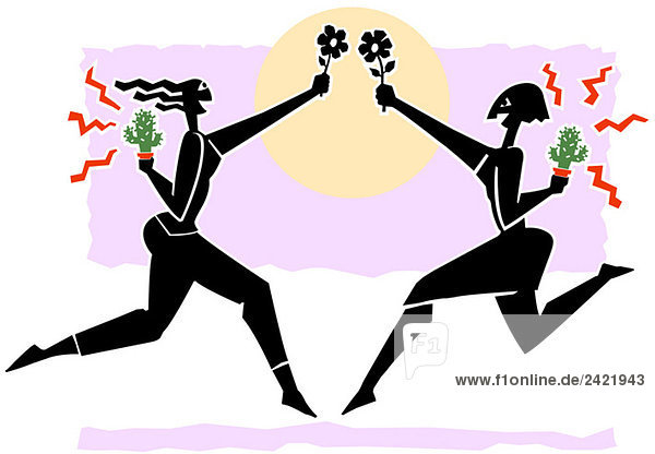 Two women holding flowers and cactuses