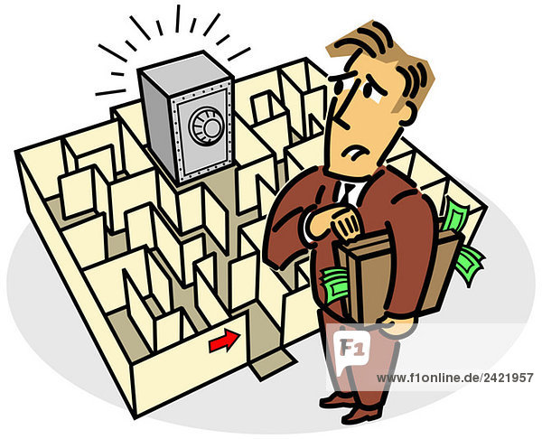 Man standing in front of labyrinth with bank safe