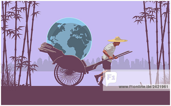 Asian peasant transporting terrestrial globe on his pushcart