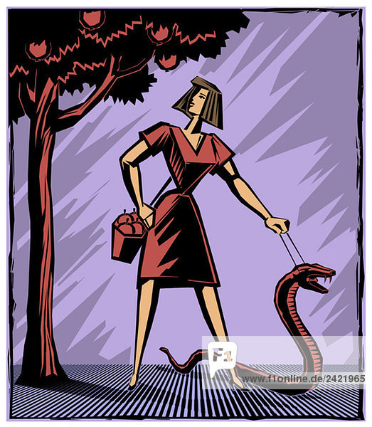 Eva holding snake on leash
