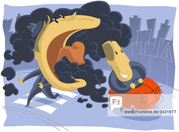 Man in street inhaling exhausts
