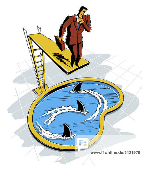 Businessman on springboard over shark pool