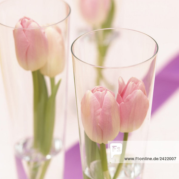 Table decoration  tulips in glasses