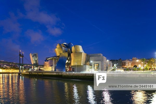 Kunstmuseum beleuchtet bei Dämmerung  Guggenheim Museum  Bilbao  Spanien
