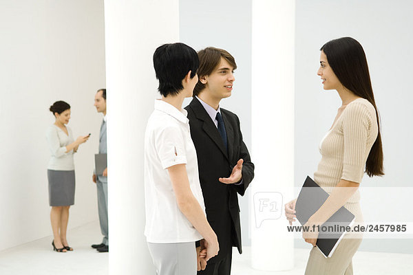 Young businessman introducing two business women to each other  smiling at each other