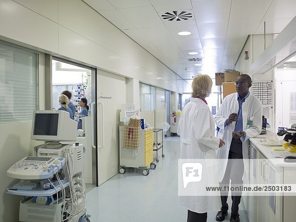 Two doctors standing in corridor of hospital