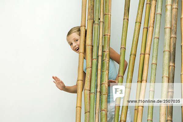 Mädchen steht hinter Bambus  lächelt und winkt der Kamera zu.