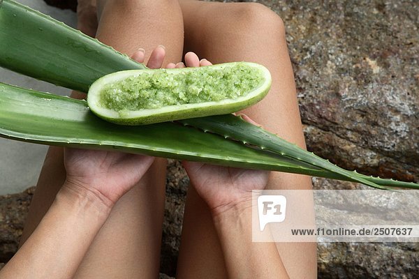 Womanìs hands holding cucumber and aloe
