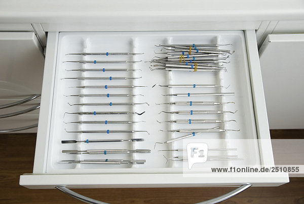 Medical practice  dental instruments in drawer